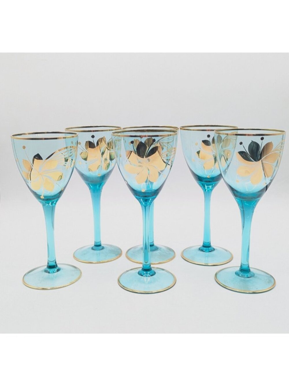 Vtg Turquoise Blue Glasses with Gold Gilt Floral Bohemian Wine Cordial Set of 6